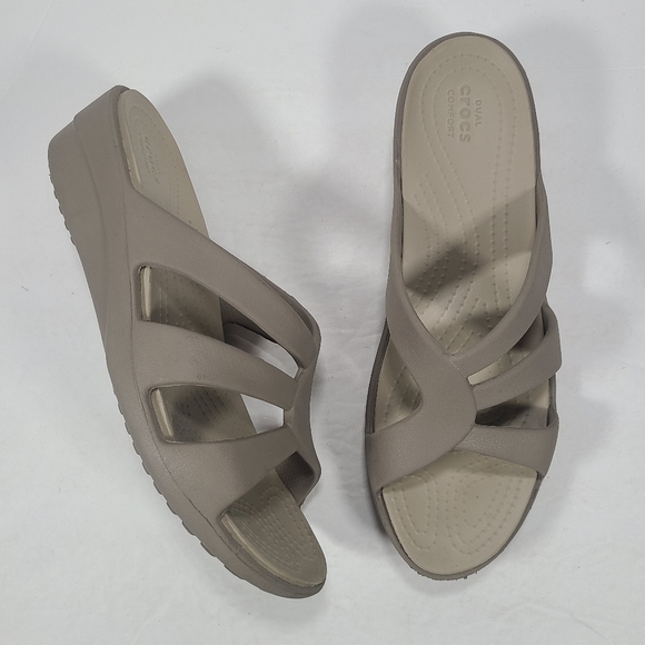 CROCS | Shoes | Crocs Sanrah Strappy Wedge Mushroom Sandals Womens Size ...